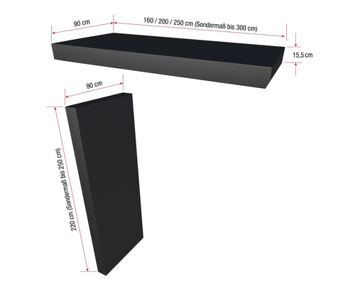 Abbildung eines schwarzen Wandboards mit den Maßen 160/200/250 cm, 90 cm und 15,5 cm sowie einer schwarzen Wandsäule mit den Maßen 90 cm und 220 cm