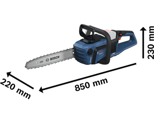 Bosch Akku-Kettensäge mit Größenangaben