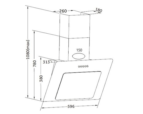Technische Zeichnung einer Dunstabzugshaube mit Maßangaben