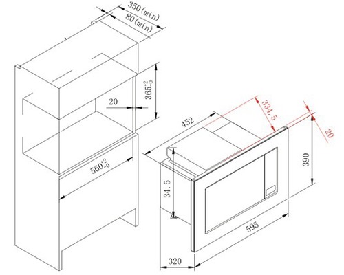 Technische Zeichnung einer Dunstabzugshaube mit Maßangaben
