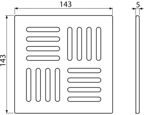 Schéma technique d''une grille d''aération carrée de dimensions 143 x 143 x 5 mm.