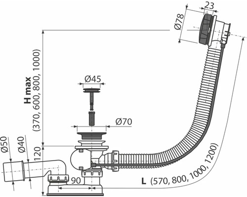 Dessin technique d''un siphon avec indications de dimension