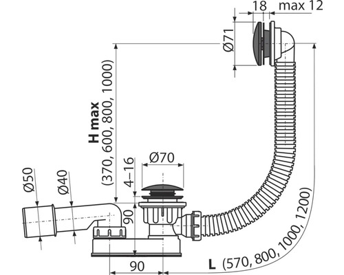 Technische Zeichnung für Badewannenablaufgarnitur mit Maßangaben