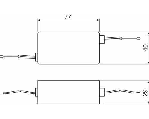 Schematische Darstellung eines elektronischen Transformators mit Maßangaben