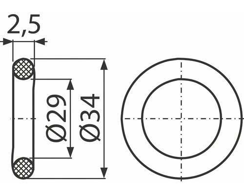 Dessin technique d''un joint torique avec des dimensions de 2,5 mm, diamètre de 29 mm et diamètre de 34 mm