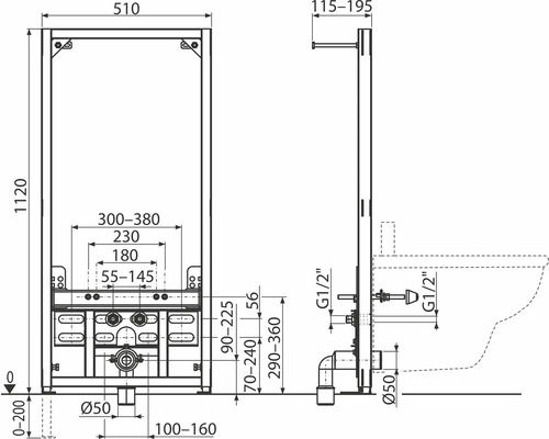 Technische Zeichnung eines Sanitärinstallationssystems mit Maßangaben.