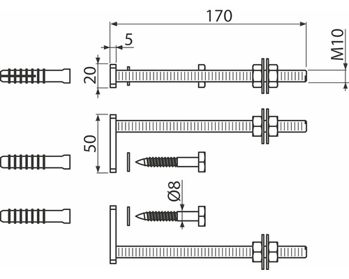 Technische Zeichnung von Wandbefestigungen mit Dübeln und Schrauben