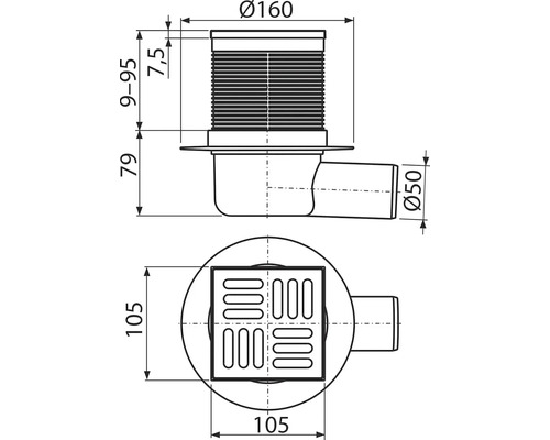 Schéma technique d''une bonde de sol avec indications de dimensions