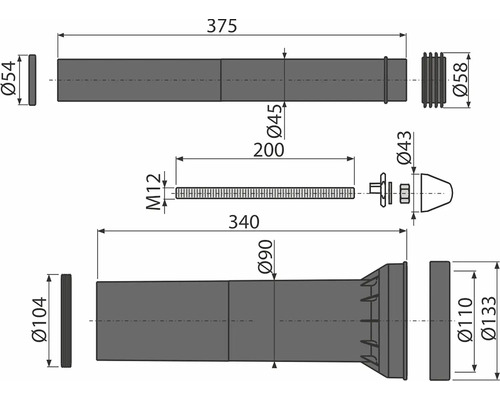 Dessin technique de différents composants avec indications de mesure
