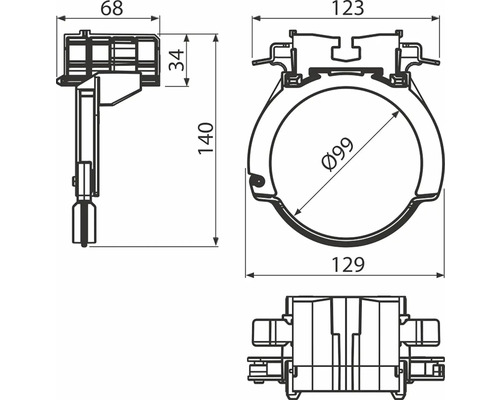 Technische Zeichnung einer Rohrschelle mit Maßangaben.