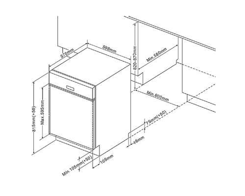 Masszeichnung eines Geschirrspülers mit den Massen 570 mm Breite, 598 mm Tiefe und 815 mm Höhe