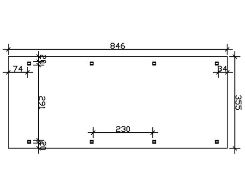 Dessin technique avec cotes pour un composant : longueur 846, largeur 355, autres cotes : 74, 20, 291, 34 et 230.
