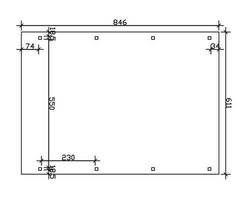 Dessin technique avec cotes : 846 x 611 mm, hauteur de 550 mm