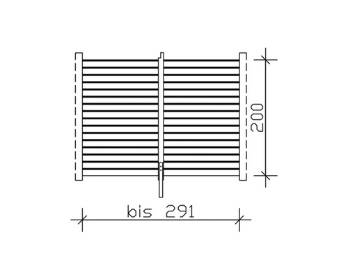 Technische Zeichnung eines Sichtschutzzaunes mit Breitenangabe bis 291 Zentimeter und Höhenangabe 200 Zentimeter