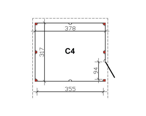Dessin technique avec les dimensions d''un abri de jardin modèle C4.
