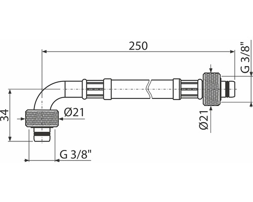 Technische Zeichnung eines Eckverbindungsstücks mit den Maßen 250, 34 und dem Durchmesser 21 sowie G 3/8 Zoll Gewinde