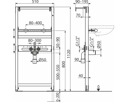 Technische Zeichnung einer Vorwandinstallation mit Maßen
