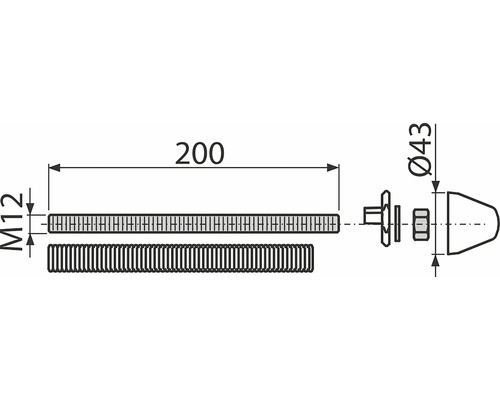 Technische Zeichnung eines Gewindebolzens mit den Maßen M12 und 200 mm Länge, sowie einer Mutter mit einem Durchmesser von 43 mm.