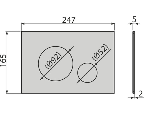 Technische Zeichnung einer Platte mit zwei Aussparungen und Maßangaben