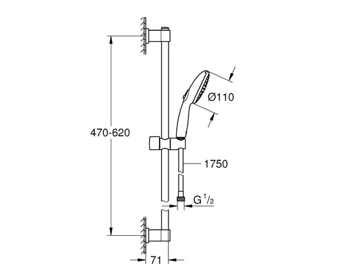 Technische Zeichnung einer Duschstange mit Handbrause und Maßangaben