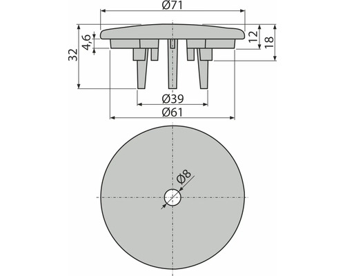Dessin technique d''un patin pour meubles avec les dimensions diamètre 71 mm, diamètre 39 mm, diamètre 61 mm et diamètre 8 mm