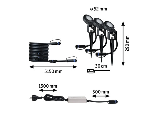 Abmessungen eines Gartenstrahler Sets mit Zuleitung, drei Strahlern, Verbindungskabel und Steckernetzteil