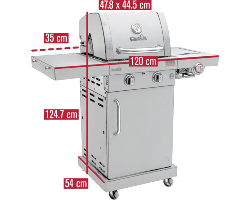 Edelstahl Gasgrill mit den Massen 47,8 x 44,5 cm Grillfläche, 35 cm Seitentisch, 120 cm Breite und 124,7 cm Höhe