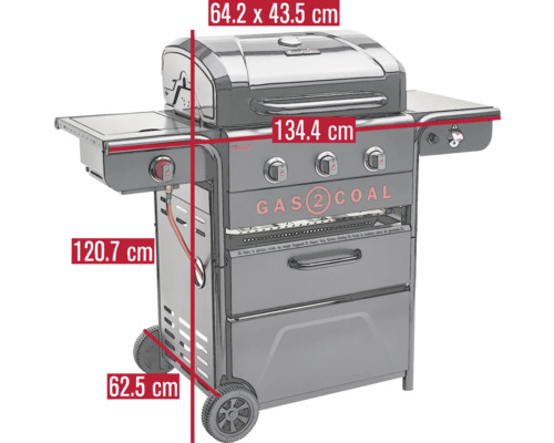 Barbecue à gaz avec les dimensions 64,2 x 43,5 cm, 134,4 cm, 120,7 cm et 62,5 cm