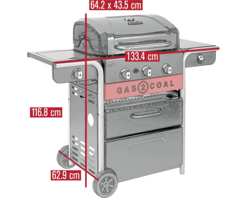 Gasgrill mit den Maßen 64,2 x 43,5 cm, 133,4 cm Breite und 116,8 cm Höhe.