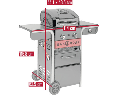 Gas- und Holzkohlegrill mit den Massen 44,1 x 43,5 cm, 114 cm, 116,8 cm und 62,9 cm