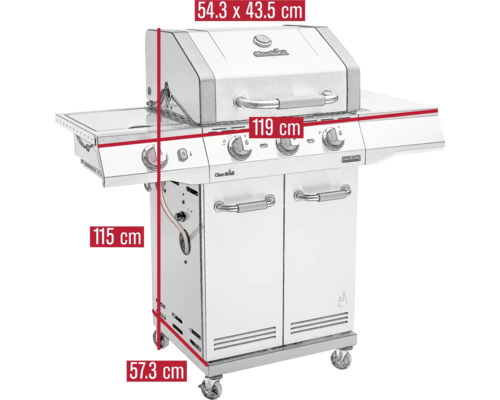 Grill mit Abmessungen: 54,3 x 43,5 cm Höhe, 119 cm Breite, 115 cm Höhe und 57,3 cm Tiefe