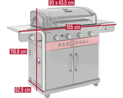 Grill mit Maßangaben: 85 x 43,5 cm (Haube), 155 cm (Breite), 116,8 cm (Höhe), 62,9 cm (Tiefe)