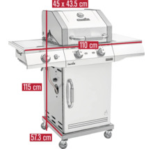 Char Broil Gasgrill mit den Maßen 45 x 43,5 cm, 110 cm, 115 cm und 57,3 cm.