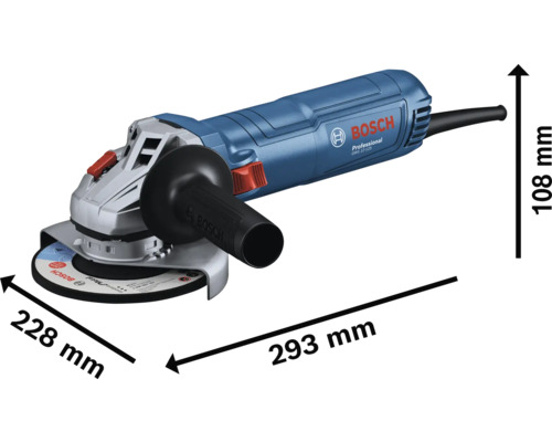 Bosch Winkelschleifer mit den Maßen 228 mm, 293 mm und 108 mm