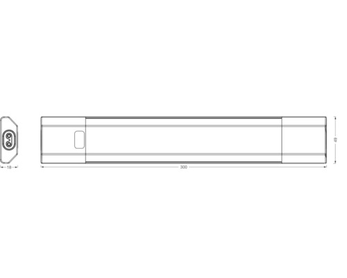 Technische Zeichnung einer 300 mm langen LED-Leuchte