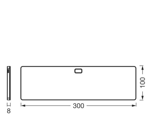 Technische Zeichnung eines rechteckigen Spiegels mit den Maßen 300 x 100 x 8 Millimeter