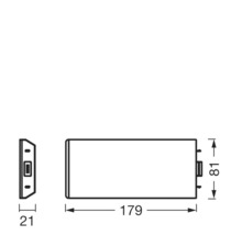 Technische Zeichnung einer Lampe mit den Maßen 179, 81 und 21 Millimeter