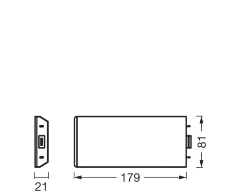 Technische Zeichnung einer Lampe mit den Maßen 179, 81 und 21 Millimeter
