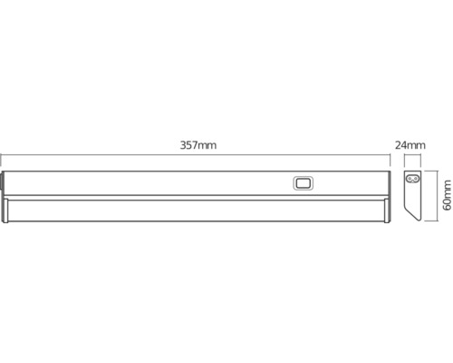 Technische Zeichnung einer Lampe mit den Maßen 357 mm Länge, 24 mm Breite und 60 mm Höhe.