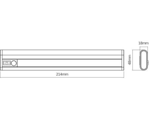 Technische Zeichnung einer 214 mm langen, 48 mm hohen und 18 mm breiten Unterbauleuchte.