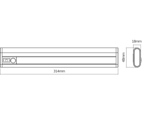 Technische Zeichnung einer 314 Millimeter langen Leuchte mit den Maßen 48 Millimeter und 18 Millimeter.