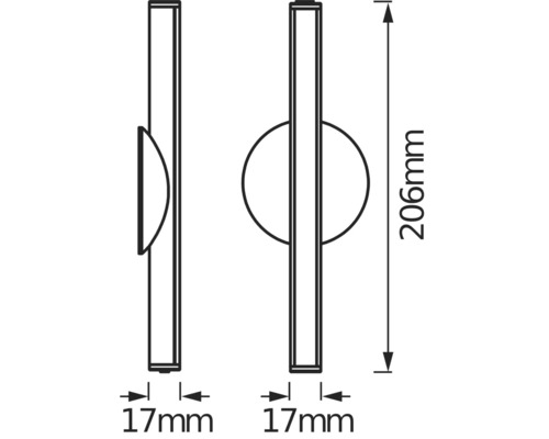 Technische Zeichnung einer Wandleuchte mit den Maßen 206 mm Höhe und 17 mm Tiefe.
