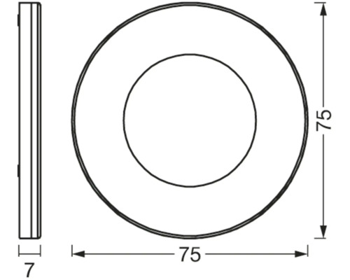 Technische Zeichnung einer runden Leuchte, Durchmesser 75 mm, Tiefe 7 mm