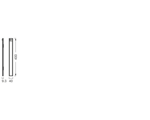 Dessin technique d''une applique murale LED avec des dimensions de 400 mm de longueur, 40 mm de largeur et 9.3 mm de profondeur.