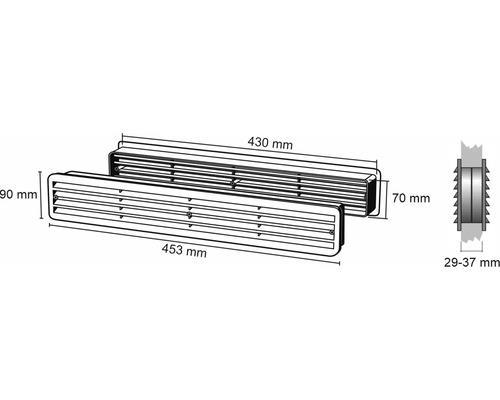 Abbildung eines Mauerdurchwurfes mit den Maßen 453 Millimeter Länge, 90 Millimeter Höhe und 29 bis 37 Millimeter Tiefe