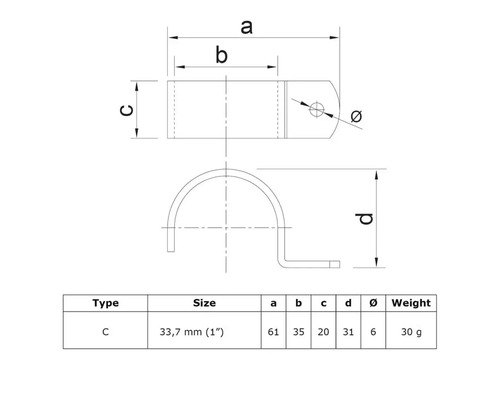 Dessin technique d''un collier de serrage type C avec indication des dimensions