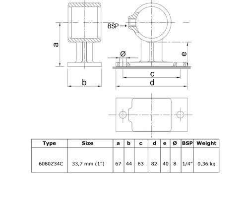 Technische Zeichnung eines Rohrträgers mit Maßangaben