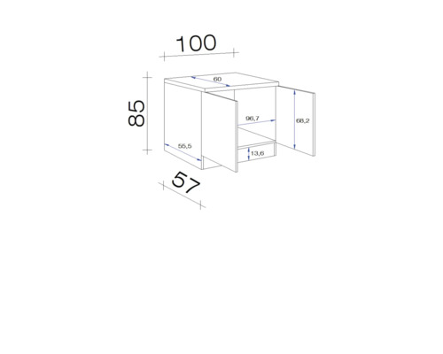 Technische Zeichnung eines Unterschranks mit Maßangaben