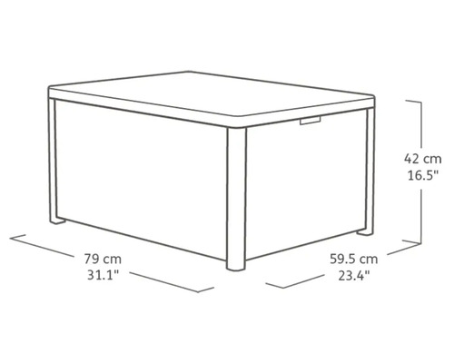 Illustration d''une boîte de rangement mesurant 79 cm de long, 59,5 cm de large et 42 cm de haut.