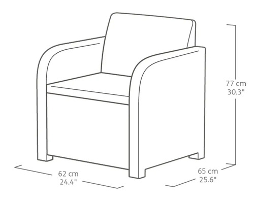 Dimensions du fauteuil : 62 centimètres de large, 65 centimètres de profondeur et 77 centimètres de haut